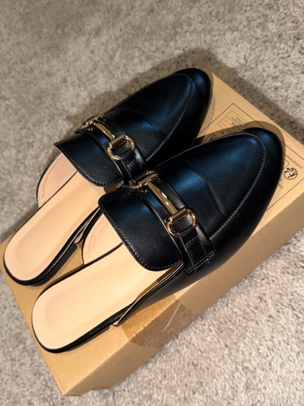 Black Leather Slip-On Mules with Gold Hardware